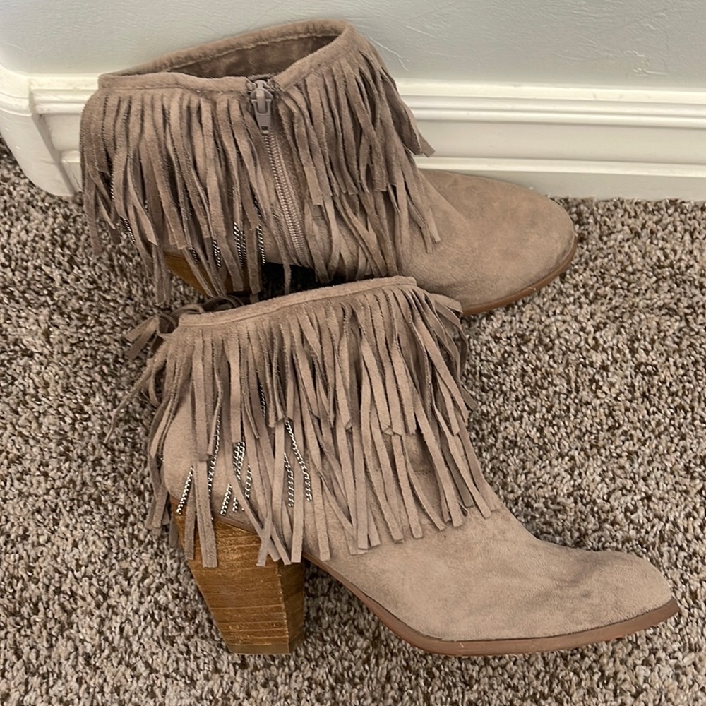 Not Rated chain fringe heeled booties in taupe